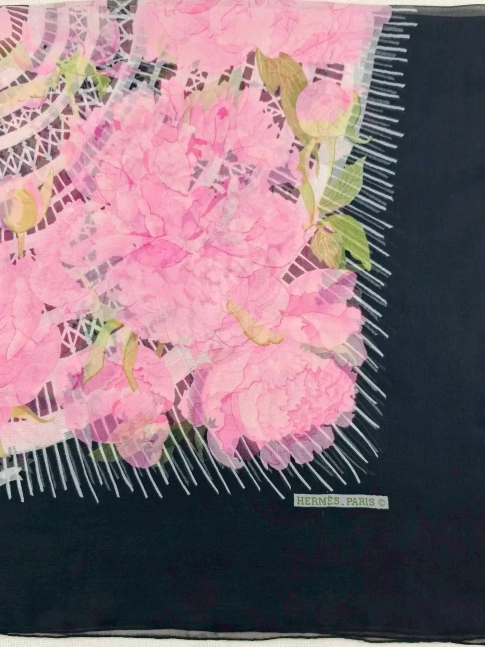 Hermes Pink Floral Silk Scarf with Black Border and Green Leaves